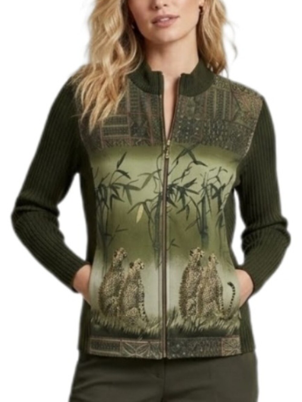 Nancy Bolen City Girl Jacket Cheetah Print Vintage Eclectic Knit Green Size L